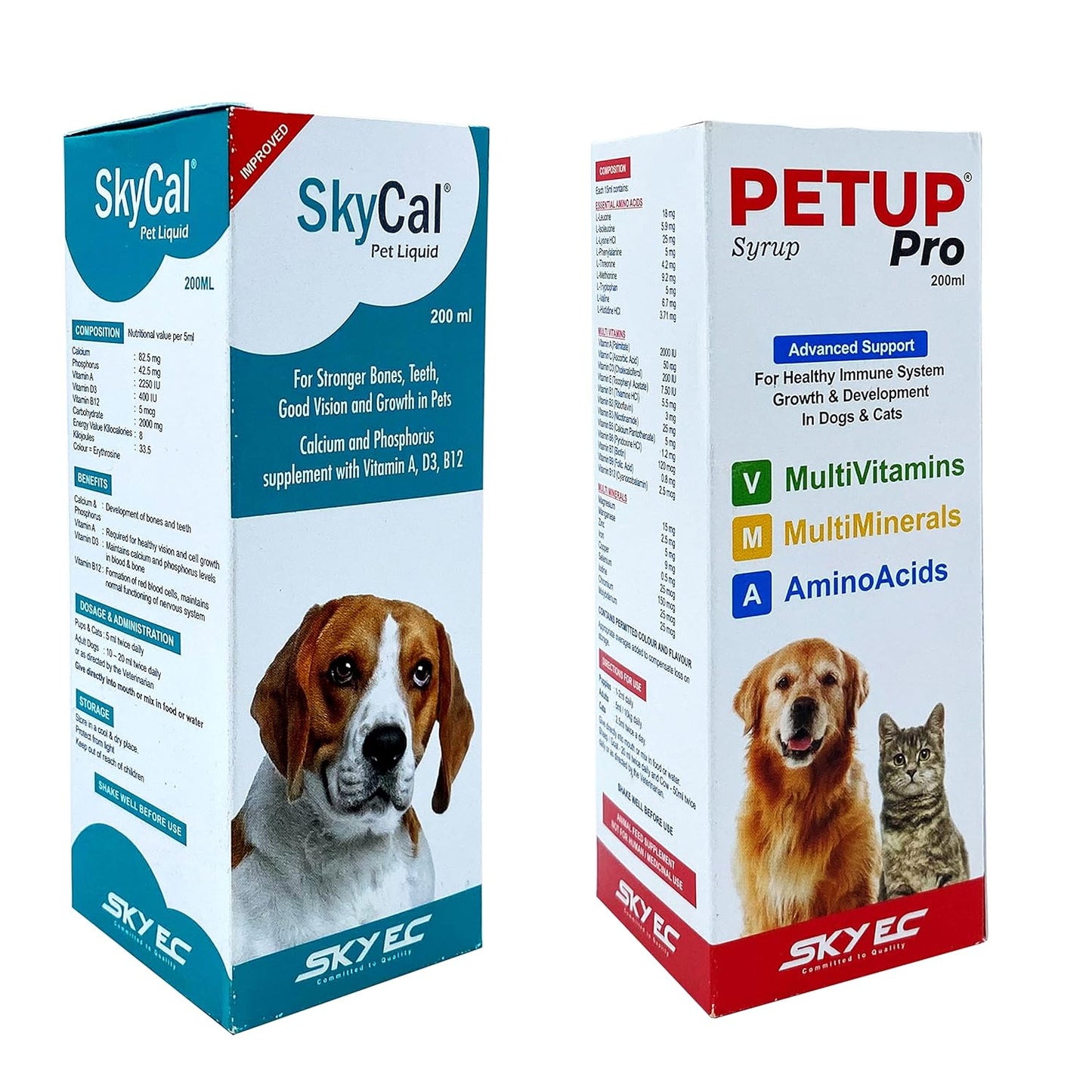 ALP Combo Of Skycal Pet Liquid & Petup Pro Syrup| Multi-Vitamin Multi-Oxidant Multi-Minerals Amino Acids Supplement| Stronger Bones, Teeth, Good Vision & Growth In Pets|2X200 Ml, Cats,Dogs
